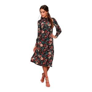 Lulus Retro Ready Black Floral Print Long Sleeve Midi Dress size medium